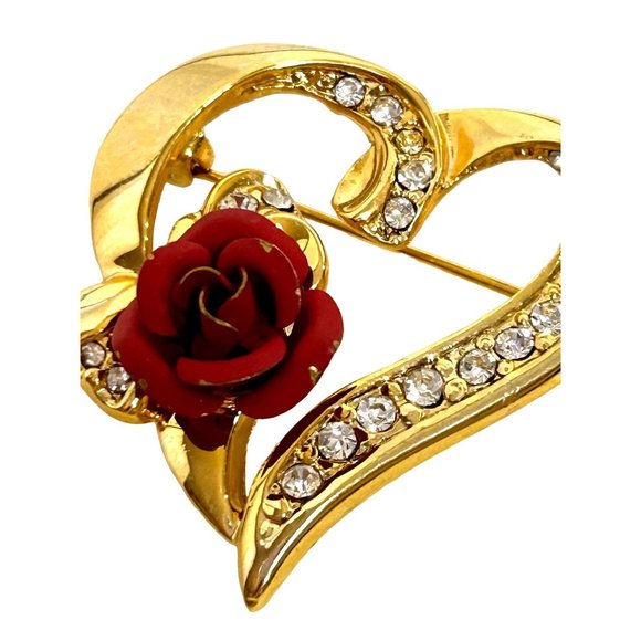Heart Brooch Pin Gold Tone Red Ceramic Rose Clear Rhinestones Shiny Roll Tab Arm - Picture 7 of 13